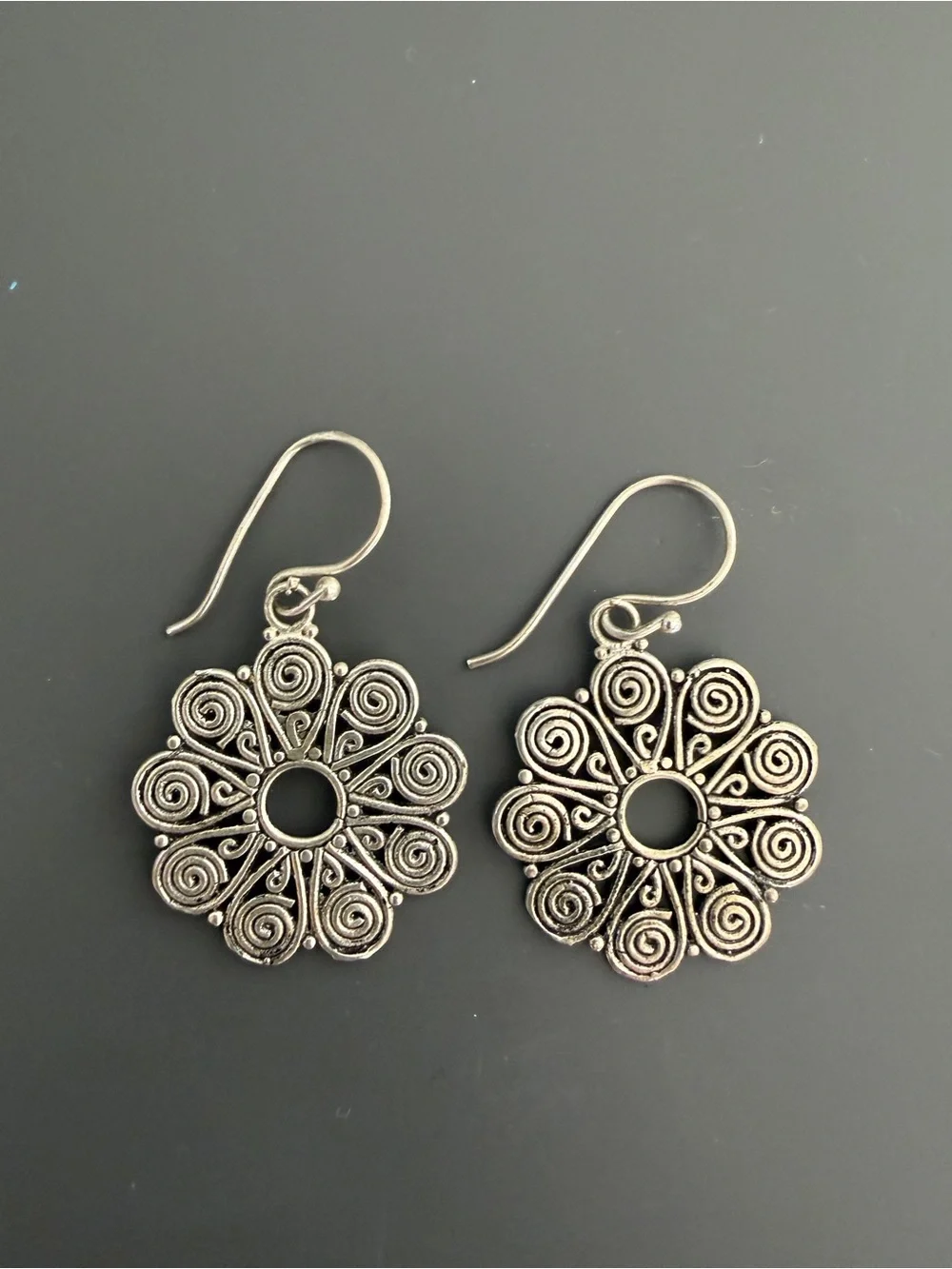 Sterling Silver 925 Spiral Filigree Flower Dangle Earrings